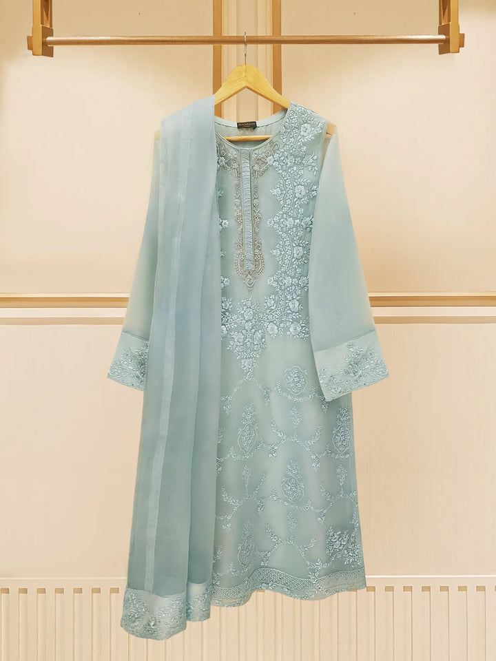 3 Piece - Pure Organza Embroidered Suit S108814