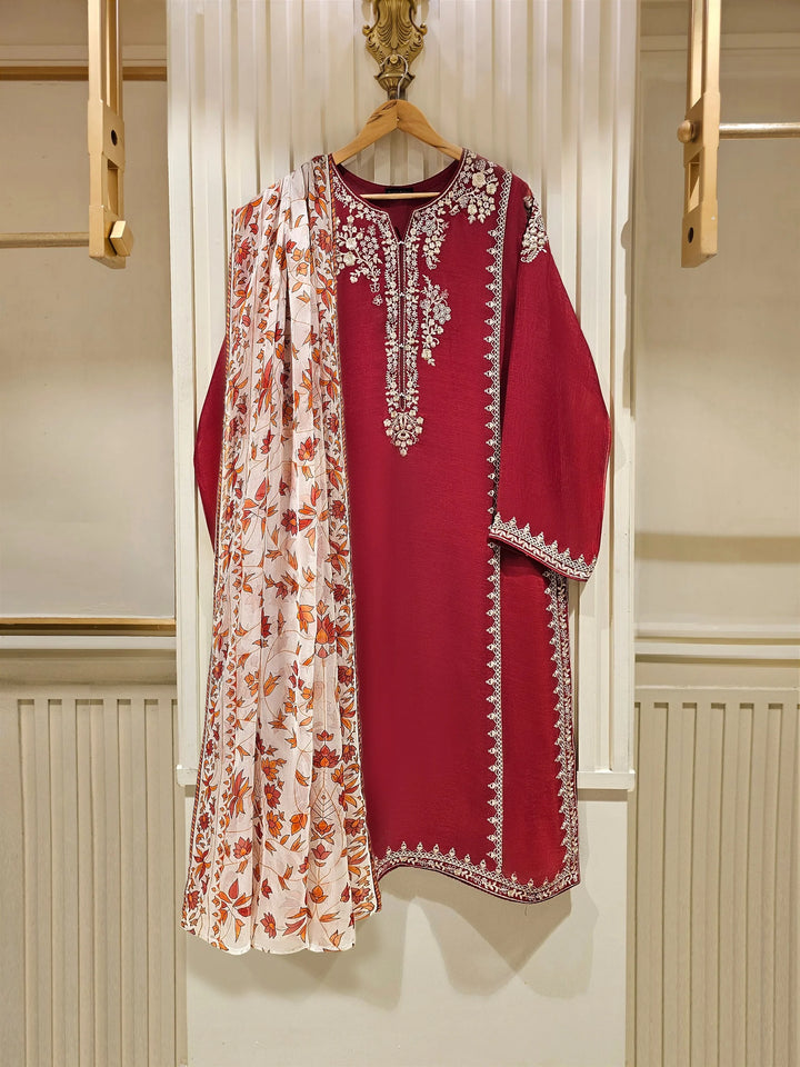 3 Piece - Pure Cotton Net Embroidered Suit S111341