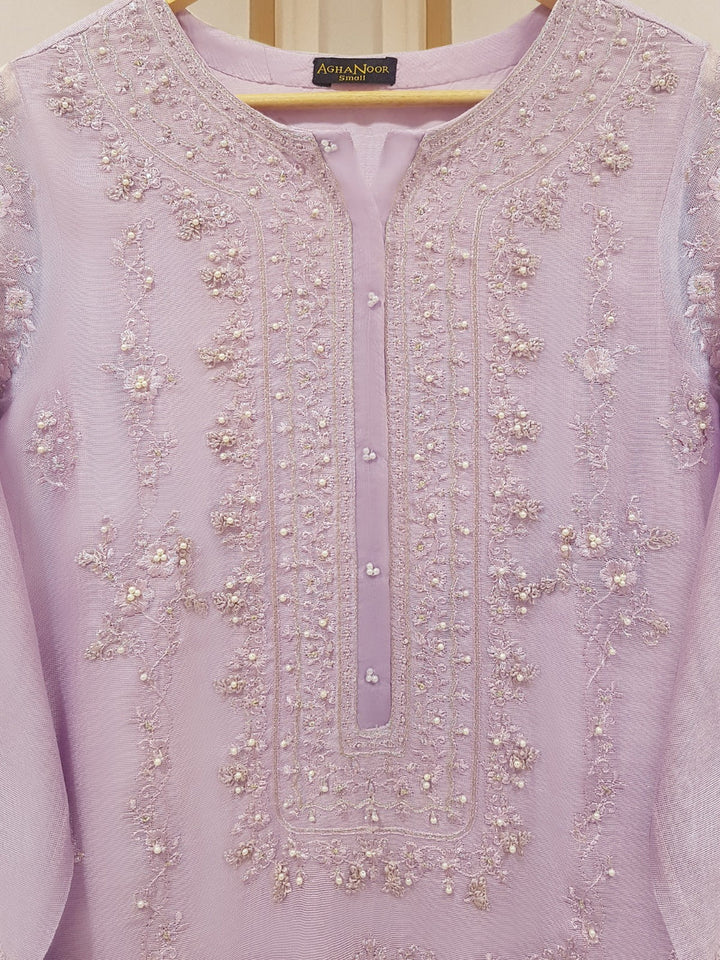THREE PIECE PURE COTTON NET SHIRT WITH DUPATTA AND SILK PANTS S107858