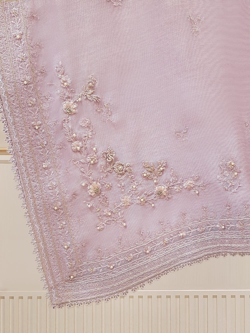 THREE PIECE PURE COTTON NET SHIRT WITH DUPATTA AND SILK PANTS S107858
