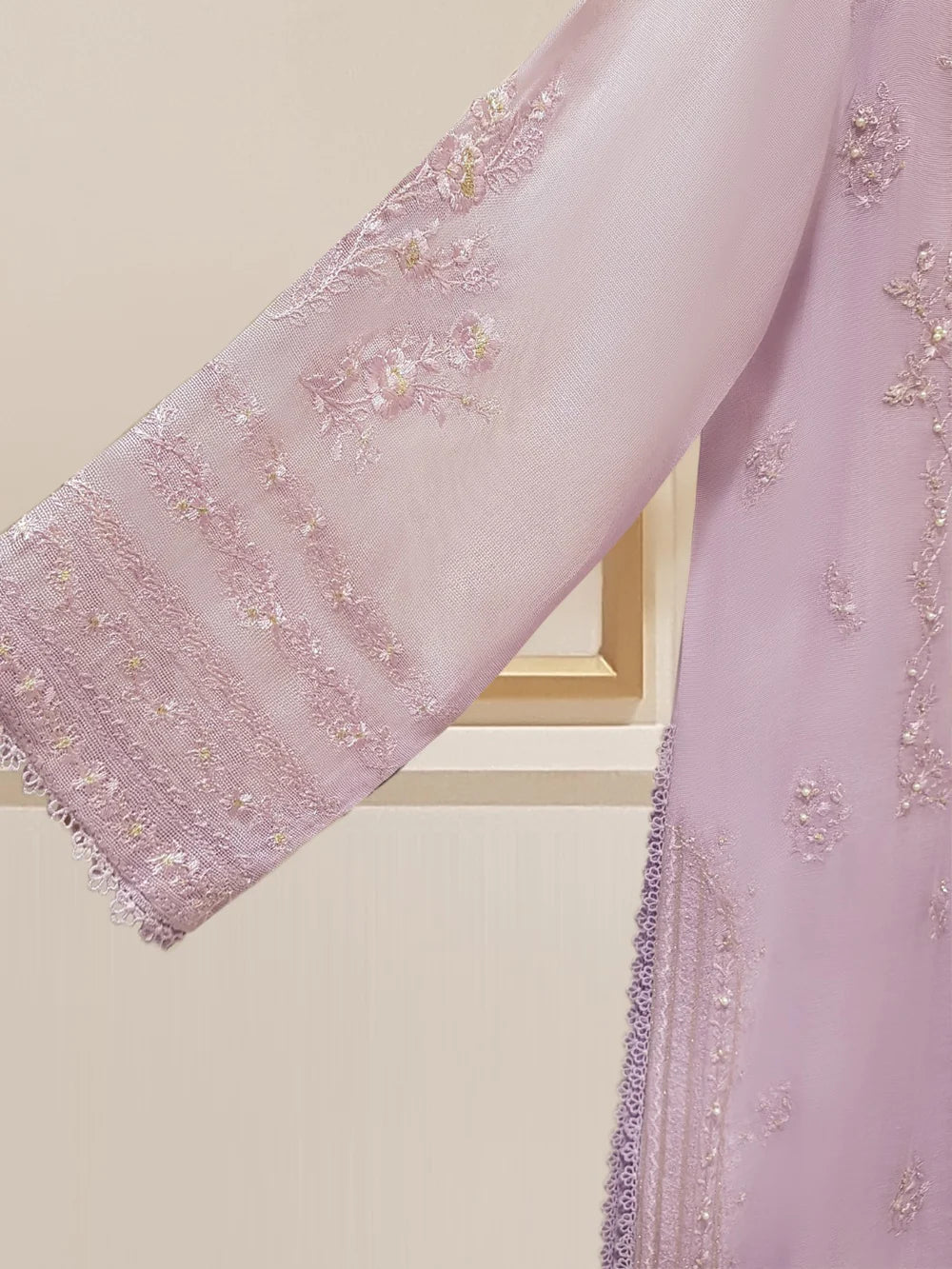 THREE PIECE PURE COTTON NET SHIRT WITH DUPATTA AND SILK PANTS S107858